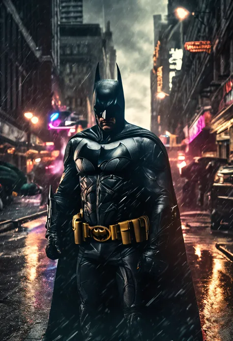 Generate a stunnning hyper realistic gothic style batman poster with a cowboy shot of batman looking over gotham city in the rain