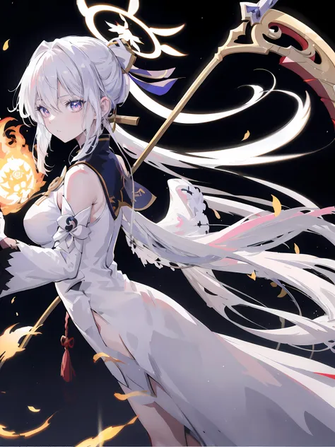 anime girl with white hair holding a scythe and a fire, white haired deity, anime girl with a bow and arrow, anime style like fate/stay night, zerochan art, best anime 4k konachan wallpaper, white haired, ayaka genshin impact, anime moe artstyle, anime art...