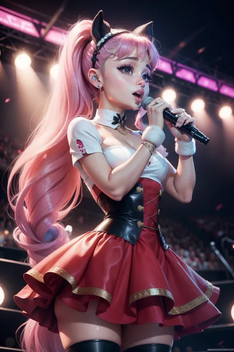 ariana grande, realista, show, cantando, cantora, artista, roupa rosa, rabo de cavalo