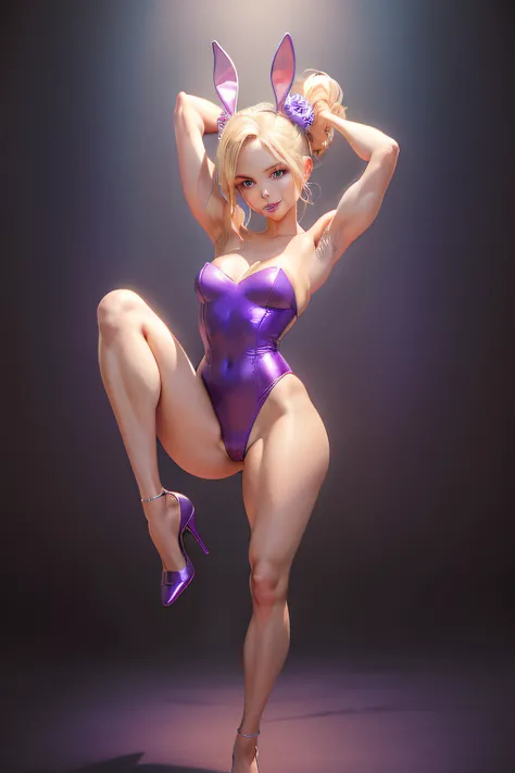 Beautiful slim petite blonde smiling woman in bunny ears and purple strapless one piece bunny suit and high heels standing tall and powerfully with her feet on the floor and her fists clenched and raised flexing her biceps, bare arms, bare legs