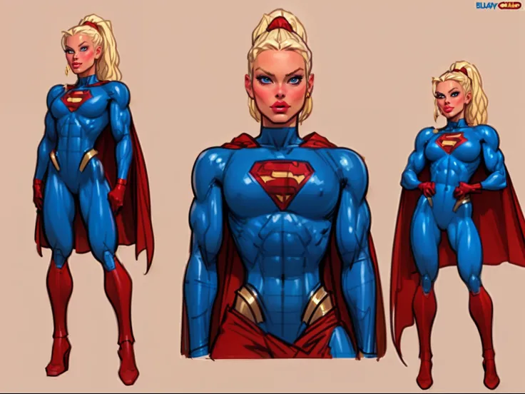 ((masterpiece)),(((best quality))),((character design sheet)), ((full body view)) illustration,1girl, muscular, ((blue bodysuit:1.5)), superhero, (blonde ponytail:1.4), (red cape:1.4) ((detailed face:1.4)) beautiful woman, (red thighhighs:1.3)shiny skin, (...