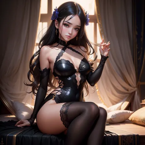 Perfect picture quality for black silk girls，Beautiful painting style，Clearly summarized light and shadow effects，Realistic and detailed character representation，Touching eyes，A graceful gesture，Gorgeous and chic black silk costume，Lustrous black stockings...