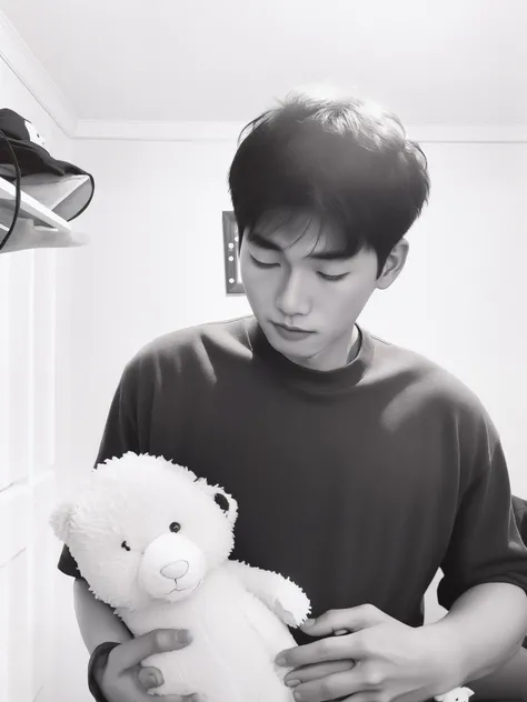 arafed boy holding a teddy bear in his arms, taejune kim, kim doyoung, holding a teddy bear, hyung tae, joon ahn, grainy monochrome photo, hyung tae kim, seseon yoon, tumblr, joongwon charles jeong, hong june hyung, hyung-tae kim, hyung - tae kim, inspired...