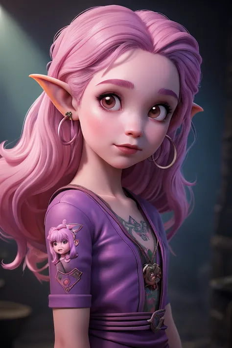 Menina dos desenhos animados com cabelo rosa e piercings com uma tatuagem de estrela em seu peito, beautiful pink little alien girl, goblin menina dnd personagem, assemelhando-se a uma mistura de grimes, in illustration style digital, portrait of demon gir...