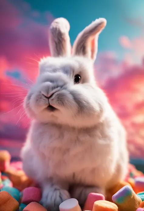 "A cute fluffy rabbit on a background of a vibrant colored sky with clouds made of colorful marshmallows, creating an ultimate HD picture quality."