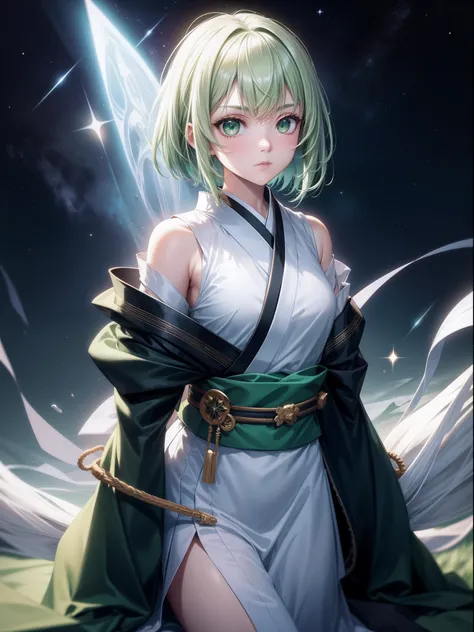 Bangs, black background, closed mouth, eyebrows are visible through the hair, gradient white-green, gradient in the background, green eyes, light particles, Long armlets, looks at us, the night, night  sky, Short Hair Hair, The sky, Odin, outer space, Star...