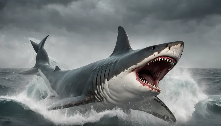 "(extremely detailed and realistic CG depiction of) an attacking Megalodon shark, stormy wild ocean, intense and thrilling scene, hyperrealistic highly detailed dramatic movie poster."