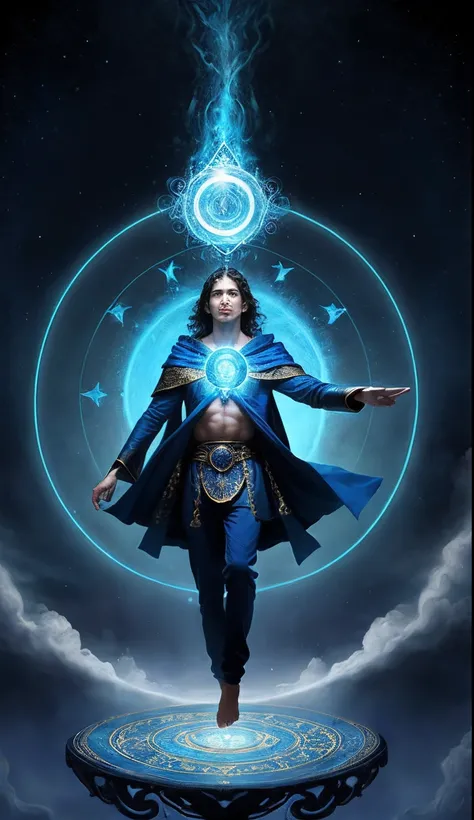 Retratos de um jovem mago homem, Floating on top of a blue arcane magic circle. Retrato extremamente detalhado, foto realista, extremamente detalhado, a melhor imagem.