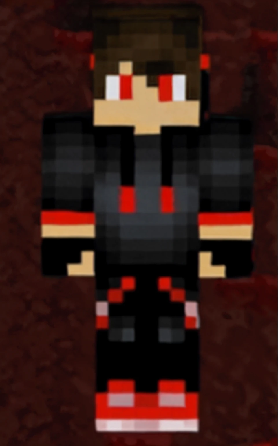 uma pixel art de um homem com uma roupa preta e vermelha, pele negra breu, armadura preta e vermelha, terno preto e vermelho, Pele de Minecraft, pele obsidiana, pele espetada, herobrina, armadura de cor preta e avermelhada, terno vermelho e preto, armadura...