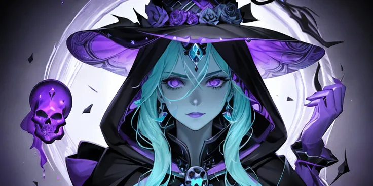 there is a skull with a hood and a hat on it, purple slime, lots of slime, slimy, close-up portrait goddess skull, goddess of death,blue, green slime, saint skeleton queen, queen of death, unreal engine render + a goddess, portrait of the god of death, art...