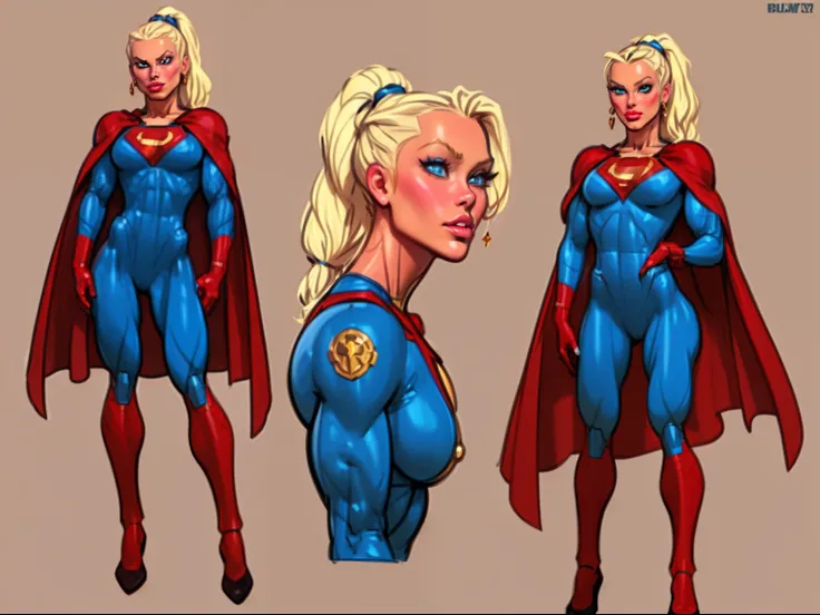 ((masterpiece)),(((best quality))),((character design sheet)), ((full body view)) illustration,1girl, muscular, ((blue bodysuit:1.5)), superhero, (blonde ponytail:1.4), (red cape:1.4) ((detailed face:1.4)) beautiful woman, (red thighhighs:1.3)shiny skin, (...