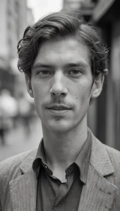 portrait of a young disheveled man strolling along a bustling avenue, captivating gaze, impoverished aura, captured on vintage ilfordPAN film, emphasizing the rich texture of film grain, invoking the nostalgic ambiance of the 1930s.