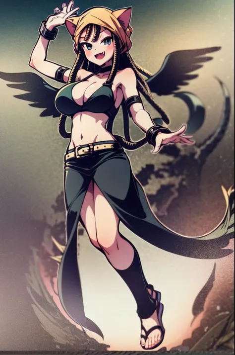 eril mermaid melody, catgirl ,dreadlock, fang, black wings, micro skirt, flipflops, smile, bandana, standing, big breast, full body