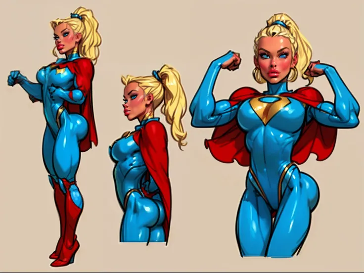 ((masterpiece)),(((best quality))),((character design sheet)), ((full body view)) illustration,1girl, muscular, ((blue bodysuit:1.5)), superhero, (blonde ponytail:1.4), (red cape:1.4) ((detailed face:1.4)) beautiful woman, (red thighhighs:1.3)shiny skin, (...