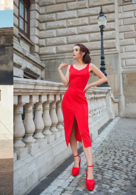 Woman in red dress posing in front of building, inspired by Adrienn Henczné Deák, wearing red dress, in long red or blue dresses, wearing red dress, based on Lili Arcaine Stehlo, girl wears a red dress, wearing red dress, inspired by Slava Raškai