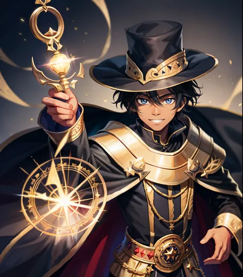 Watercolor art style + oil painting art style + black skin + black prince, art style for children + traveling boy magician + glow effect around + blurred background + noble outfit + Forced happy face + long cape + gold stars.