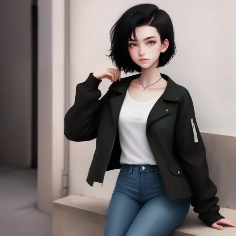 16-year-old Italian girl with short black hair down to the nape of her neck, pale skin and dark green eyes wearing a black jacket over a white T-shirt with comfortable jeans.