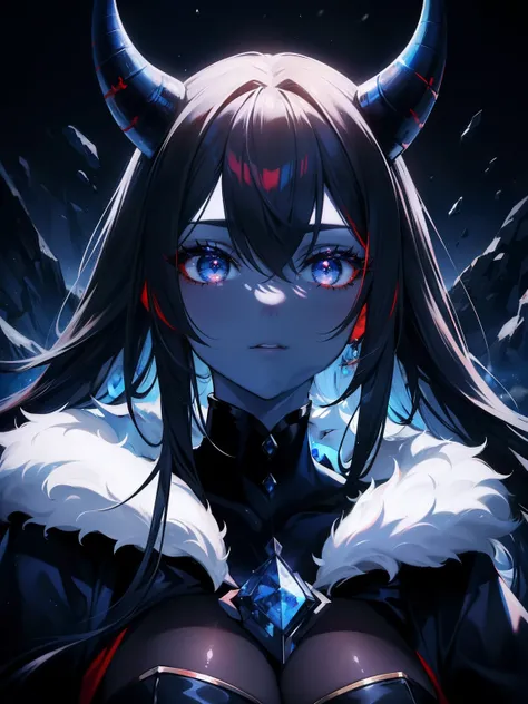 (Masterpiece, Best quality, ultra-high resolution),1girl,black hair, red fur coat, horns,snow, night,(colored skin, blue skin),beautiful and detailed face, detailed eyes,((blue and gray theme))