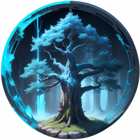 Ancient norse tree dust blue spell icon for a rpg game transparent background