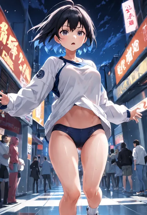 ((masterpiece, best_quality)), (photorealistic:1.4), solo, 1 girl, white_background, black_hair, SHORT_hair, zettai_ryouiki, loose long sleeve T-shirt, (outline of the nipple can be seen through the clothes), areola bulge, Chuck Taylor, crotch gap, running...