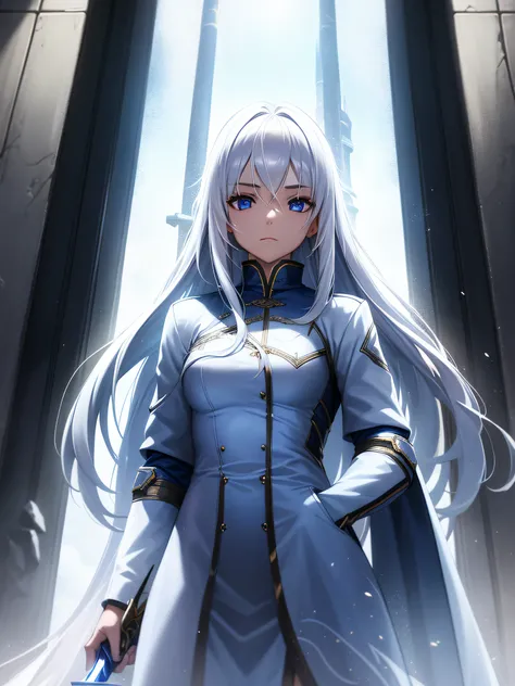 1woman, adult body, long white hair, silver eyes, warrior, long sword, adventurer blue fantasy clothes, small jacket, absurdres, high res, ultrasharp, 8K, masterpiece, looking at viewer