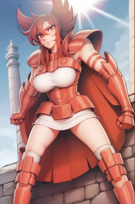 tomboy, full armor ,big breast, full body, red hair, smile, boots