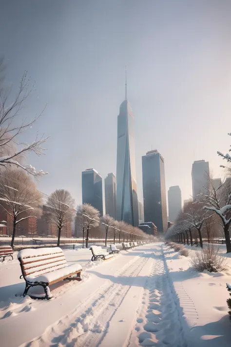 A snowy view of a park，In the background are benches and towers, It snows in the city，It snowed a lot, during snowfall, beijing, the photo was taken from afar, Snowy, the photo shows a large, baotou china, author：vivy, Covered with snow, In winter, in the ...