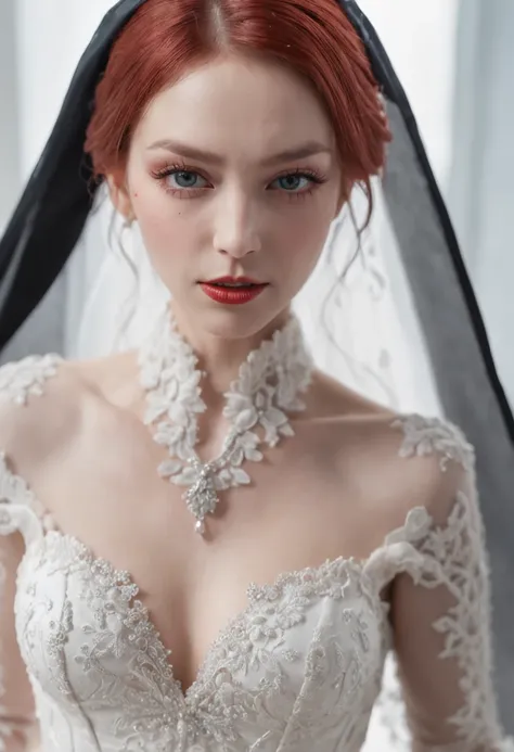 arafed, high details, best quality, 16k, [ultra detailed], masterpiece, best quality, (extremely detailed), dynamic angle, ultra wide shot, RAW, photorealistic, a wide angle picture of a vampire bride biting her groom, a [female vampire] bride (best detail...