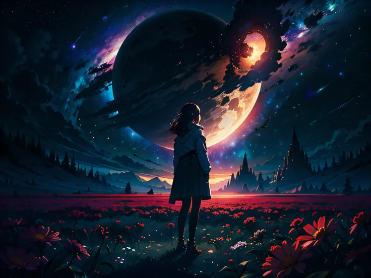 4k Landscape, beautiful stars at background, looks like a dream, sky looking extremely beautiful, ultra resolution, perfect lighting, Dark space, space photo, extremely beautiful, fantasy world, girl standing on flowers, looking at the sky, dark vibes, per...