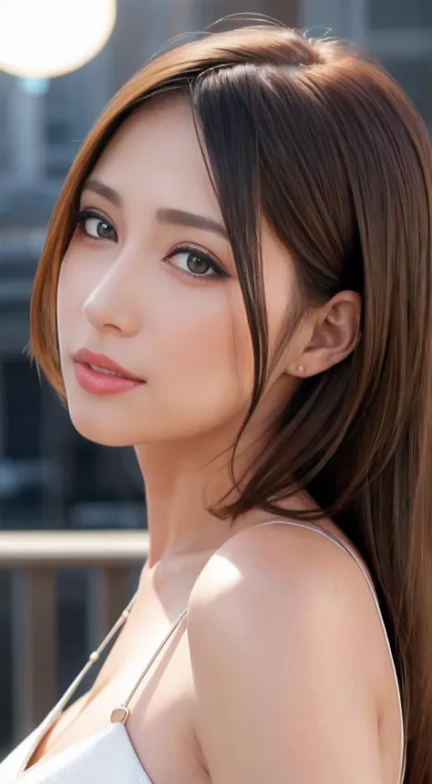 (Best Quality, 4K, masutepiece: 1.3), Beautiful Lady of Alafe、Hyper-realistic, 1girl in, (Attractive body: 1.2), Beautiful light brown hair pulled back and forth from the shoulders: 1.1, (thin waist:1.1),hyperdetailed face,Detailed lips, Detailed eyes,二重まぶ...