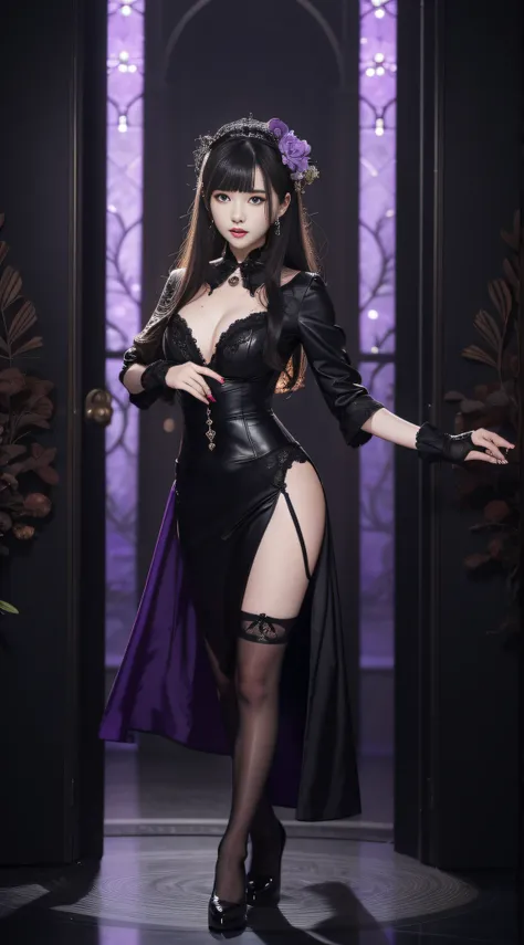 Charming beauties、blouse、pleatedskirt、black pantyhose、Black flower hair ornament、charming oval face、二重まぶた、Clear eyes、Purple eyeshadow、Purple Lipstick、Beautiful thin legs、toned ankles、The ultra -The high-definition、The ultra-detailliert、Elegant standing fig...