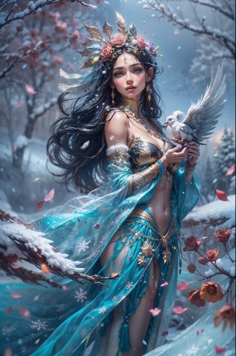 This is a realistic fantasy artwork taking place in a subzero cold winter landscape. Generate a stately, elegant, and graceful (((Pocahontas))) elf in a magical world of stunning gilded roses with multicolors and shimmering ice glittering in the light. Her...