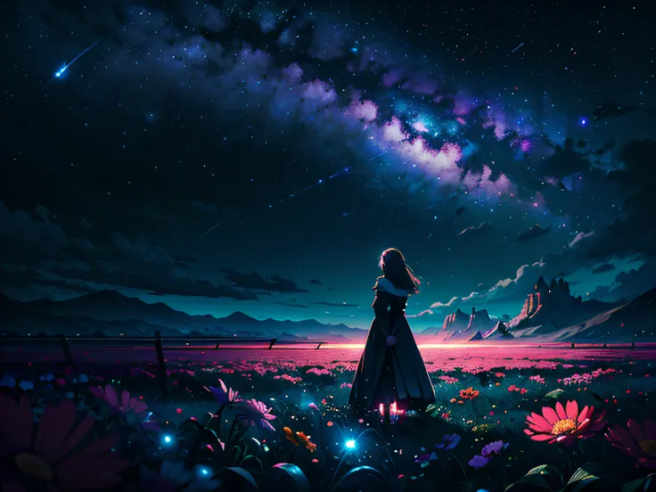 4k Landscape, beautiful stars at background, looks like a dream, sky looking extremely beautiful, ultra resolution, perfect lighting, Dark space, space photo, extremely beautiful, fantasy world, girl standing on flowers, looking at the sky, dark vibes, per...