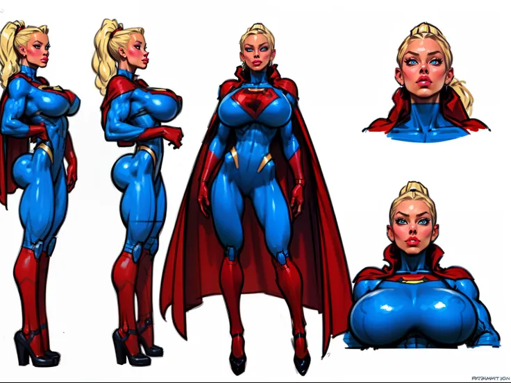 ((masterpiece)),(((best quality))),((character design sheet)), ((full body view)) illustration,1girl, muscular, ((blue bodysuit:1.5)), superhero, (blonde ponytail:1.4), (red cape:1.4) ((detailed face:1.4)) beautiful woman, (gigantic breasts:1.4) (red thigh...