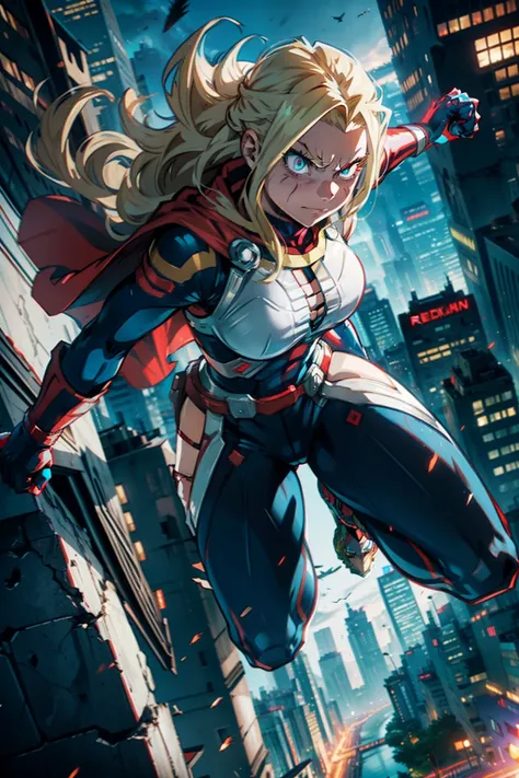 all might as a female, superhero, red cape, full body suit, ((my hero academia style)), detailed face, fist, rtx, unreal engine,...