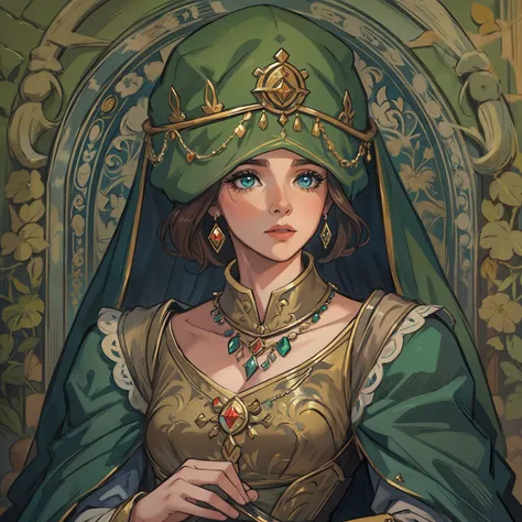 um retrato de uma idosa mulher velha uma rainha poderosa e elegante de olhos verdes com peitos enormes e um vestido decotado um NPC para um RPG medieval vestindo trajes medievais em uma arte de RPG de arte medieval art uma arte detail aproximada em um cast...