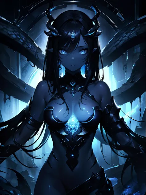 (Masterpiece, Best quality, ultra-high resolution),1girl,black hair,artifacts, surrounded by black tentacles ,(colored skin, blue skin),beautiful and detailed face, detailed eyes,((blue and gray theme)),dark cave