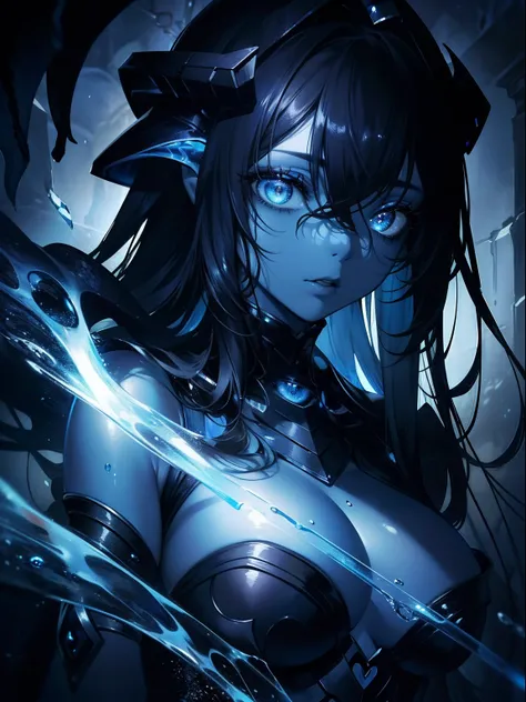 (Masterpiece, Best quality, ultra-high resolution),1girl,black hair,artifacts, surrounded by black tentacles ,(colored skin, blue skin),beautiful and detailed face, detailed eyes,((blue and gray theme)),dark cave