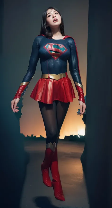 (((Make the most of the original image)))、(((Wear black tights)))、(((Supergirl Costume)))、(((lustrous dark hair)))、(((Suffering)))、(((lying back on)))、(((Be sure to wear black tights)))、((Top image quality、8K))、((top-quality、8K、​masterpiece:1.3))、Crisp foc...