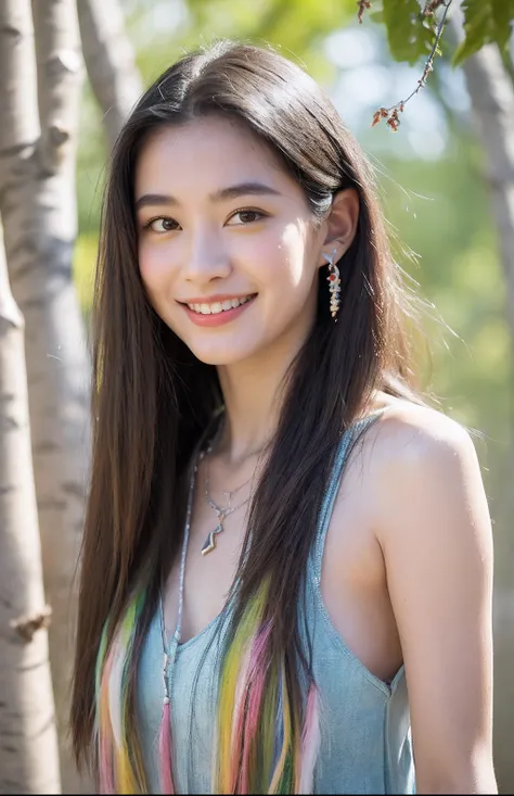 (extra detailed body、extra detailed face、best qualtiy:1.2)、femele、looking at the viewers、(sixteen years old、Outstanding smile、Earrings of bird feathers up to the shoulders、Fancy Necklaces、Colorful tank top、hippy)、(Birch tree chaos on background:1.4)