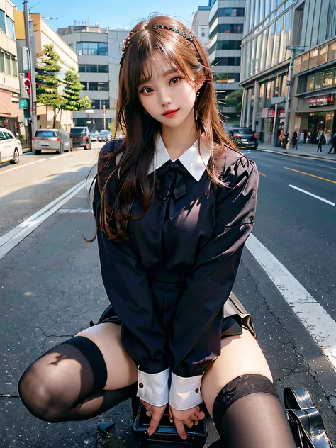 black lence stockings（No pants on）　Brown loafers、(RAW photography:1.2)、(Photorealsitic:1.4)、Beautiful beautiful details　and delicate facial expressions、The blonde、（Bigchest）((panties are visible))(Crouch down your pants to shoot、beatiful detailed eyes、Smil...