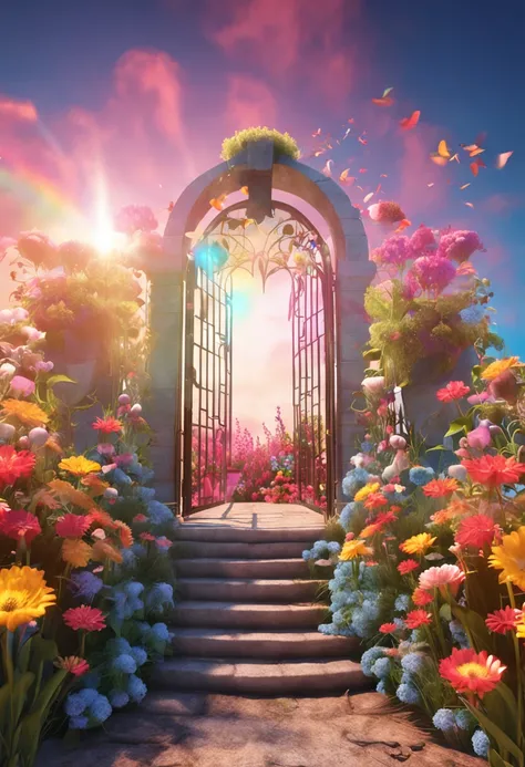 UN FONDO PARA FOTOGRAFIA DE ESTUDIO, WITH RAINBOW BLUE SKY AND FLOWER ARCH WITH SUPER RALISTA DREAM BACKGROUND AND IN 4K