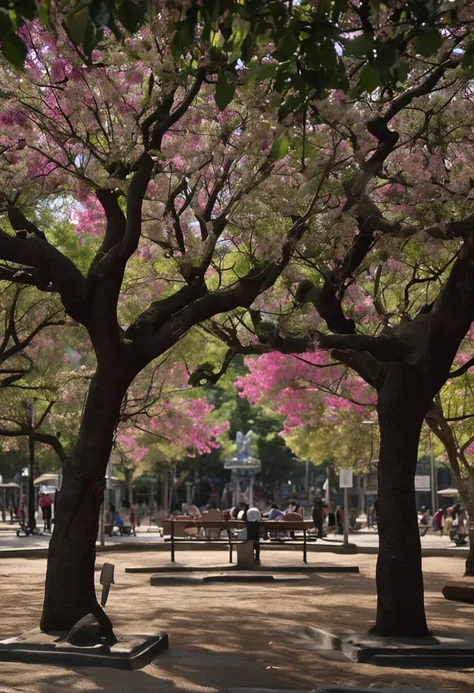 /imagine prompt: A tree-lined square with benches invites you to moments of tranquility and encounter. Majestic trees protect serene shade, while pigeons fly freely through the sky. As pessoas sentam-se nos bancos, aproveitando a paz do ambiente. In the ce...