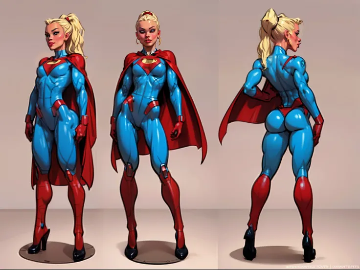 ((masterpiece)),(((best quality))),((character design sheet)), ((full body view)) illustration,1girl, muscular, ((blue bodysuit:1.5)), superhero, (blonde ponytail:1.4), (red cape:1.4) ((detailed face:1.4)) beautiful woman, (small breasts:1.3)(red thighhigh...