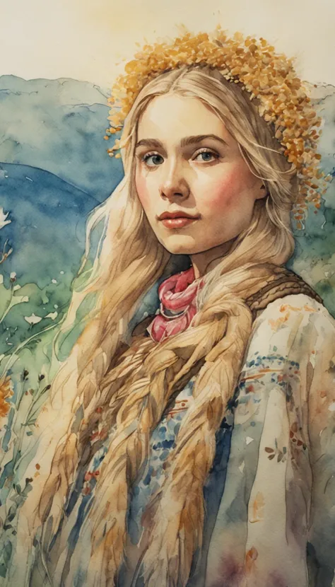 Watercolor painting in the style of Studio Ghibli depicting a blonde Ukrainian woman with hair, collected in a bundle, in Ukrainian national dress, embroidered embroidery. Against the background of a field of golden wheat. Full-length front image