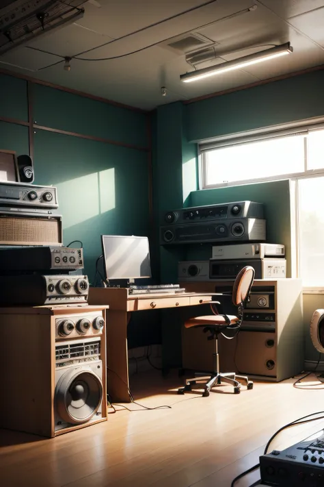 Create an image of a radio station studio from yesteryear