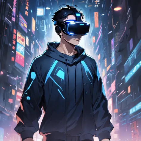 (((vector style))), close up, (((a man wearing VR glass))), (((super detailed))), walking, black and blue hair, dark clothes, tonal colors, detailed