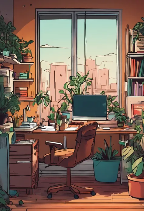 an artist desk with plants, books, paper, laptop, shelf, drawers, with a view to a green urban scenery