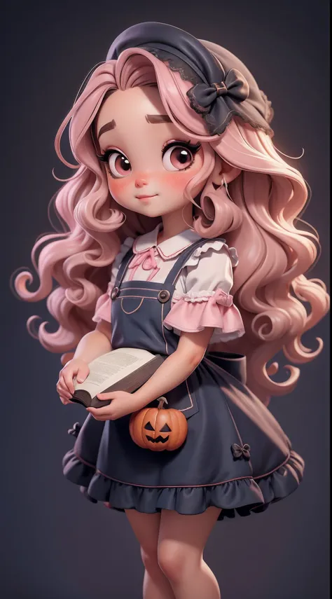 Create a series of chibi style dolls with a cute halloween theme, each with lots of detail and in an 8K resolution. All dolls should follow the same solid background pattern and be complete in the image, mostrando o (corpo inteiro, incluindo as pernas: 1.5...