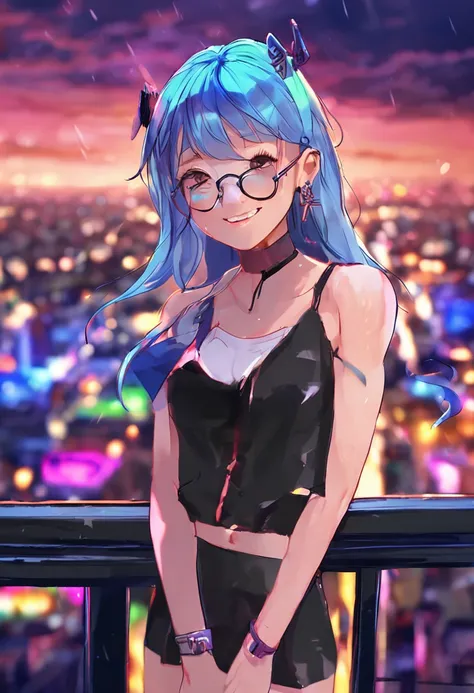 "Image Quality: 8K (Best Quality Scale: 1.2), Artistic Style: Realistic, Photorealistic Factor: 1.37, Clarity: Ultra High Definition, Subject:1girl flying above stunning city ,mini skirt,blue hair, neon color, very long hair,, feather hair ornament, neon c...